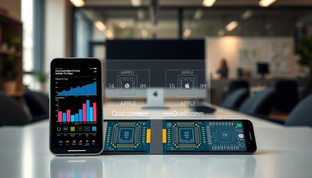 A visually engaging comparison of mobile chip performance, featuring two sleek mobile devices positioned side by side on a modern desk. In the foreground, a close-up of the devices displays their screens, highlighting benchmark graphs and performance metrics in a visually appealing way. The middle ground features a subtle overlay of technical diagrams, illustrating the internal architecture of each chip, with an emphasis on the unique features of Apple and Qualcomm designs. In the background, a softly blurred tech office environment, illuminated by natural light, adds a professional atmosphere. A focus on fresh, crisp lighting enhances the details of the chips and devices. The overall mood is informative and high-tech, reflecting a sophisticated analysis of mobile chip performance.