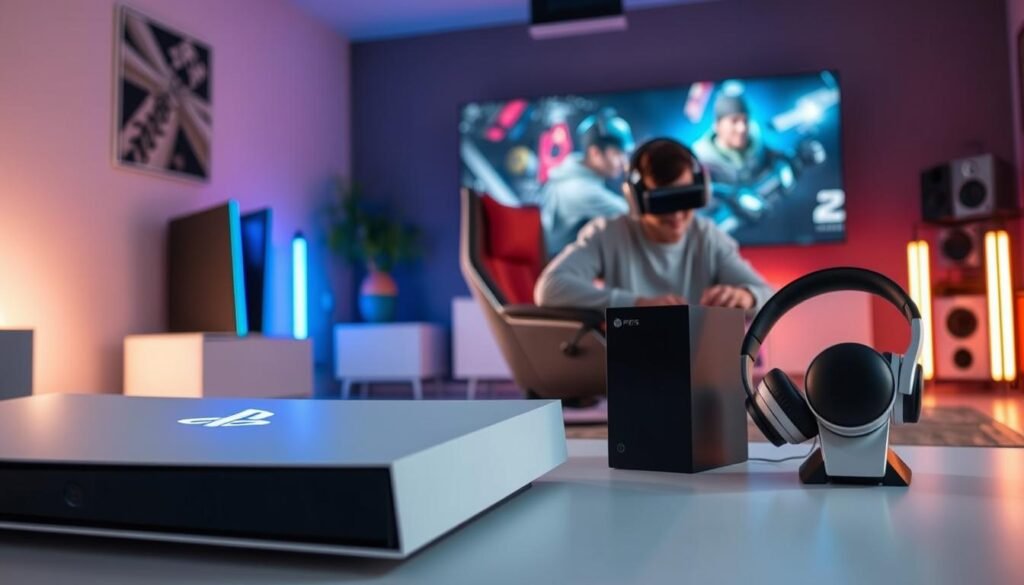 A vivid visual comparison of Dolby Atmos and Tempest 3D AudioTech in a modern gaming environment. In the foreground, a sleek gaming console captures attention, showcasing an illuminated PS5 logo. Beside it, two distinct audio devices symbolize each technology: a high-end soundbar for Dolby Atmos, and a stylish gaming headset for Tempest 3D. In the middle ground, a gamer sits in an ergonomic chair, wearing casual clothing, immersed in gameplay with headphones on, reflecting focus and excitement. The background features a dynamic gaming setup, with colorful LED lights and a large screen displaying an action-packed scene. Soft, ambient lighting enhances the atmosphere, creating a sense of innovation and excitement in the audio experience, while a professional, clean perspective from a slightly low angle emphasizes the technology's sophistication. A vivid visual comparison of Dolby Atmos and Tempest 3D AudioTech in a modern gaming environment. In the foreground, a sleek gaming console captures attention, showcasing an illuminated PS5 logo. Beside it, two distinct audio devices symbolize each technology: a high-end soundbar for Dolby Atmos, and a stylish gaming headset for Tempest 3D. In the middle ground, a gamer sits in an ergonomic chair, wearing casual clothing, immersed in gameplay with headphones on, reflecting focus and excitement. The background features a dynamic gaming setup, with colorful LED lights and a large screen displaying an action-packed scene. Soft, ambient lighting enhances the atmosphere, creating a sense of innovation and excitement in the audio experience, while a professional, clean perspective from a slightly low angle emphasizes the technology's sophistication.