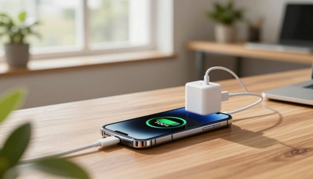 A modern smartphone charging on a sleek wooden desk, surrounded by a few green plants for a touch of nature. The smartphone screen displays a battery icon at 100% charge, with a stylish, minimalist charger plugged in. In the background, there’s a soft-focus view of a cozy home office with warm, natural lighting streaming in through a large window, enhancing the atmosphere of tranquility and productivity. The camera angle is slightly above eye level, capturing the phone and charger prominently while allowing the office setting to create an inviting atmosphere. The overall mood is one of energy efficiency, healthy charging habits, and modern technology, emphasizing the importance of a balanced charging routine.