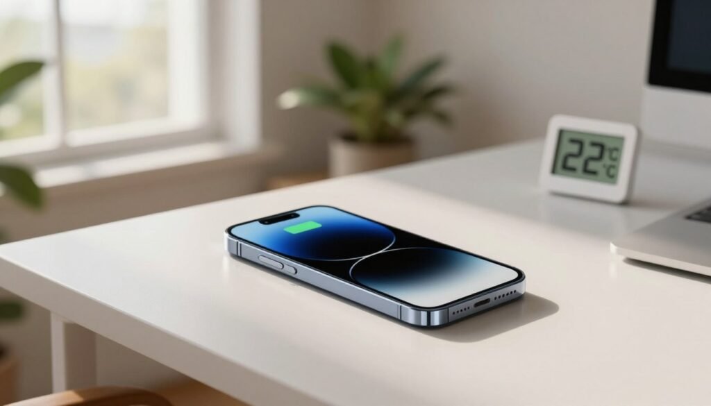 A modern smartphone displayed prominently on a sleek, minimalist desk setup, surrounded by soft natural light filtering through a large window. The focal point is the smartphone, showing a battery icon indicating optimal usage levels. In the background, a comfortable room with indoor plants and neutral-colored walls conveys a calming atmosphere, ideal for device usage. A digital thermometer nearby indicates a room temperature of around 22°C (72°F), reinforcing the concept of ideal conditions for smartphone usage. The composition should utilize a slight overhead angle to capture the entire scene, emphasizing the balance of technology and a serene living space. The mood is relaxed and professional, highlighting the importance of maintaining an optimal environment for device longevity.