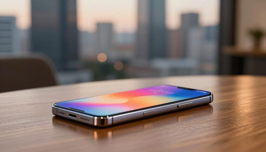 A stunning, modern smartphone with an elegant design is the focal point of this image, showcasing its sleek curves and high-gloss surface. In the foreground, the device rests on a polished wooden table, reflecting ambient light. The middle ground features a softly blurred cityscape in the background, conveying a sense of sophistication and innovation. The lighting is warm and inviting, highlighting the smartphone's features and emphasizing its vibrant display. The angle is slightly tilted to create depth, emphasizing the smartphone's premium quality. The atmosphere is contemporary and stylish, capturing the essence of cutting-edge technology while depicting the device as an essential tool for photography enthusiasts.