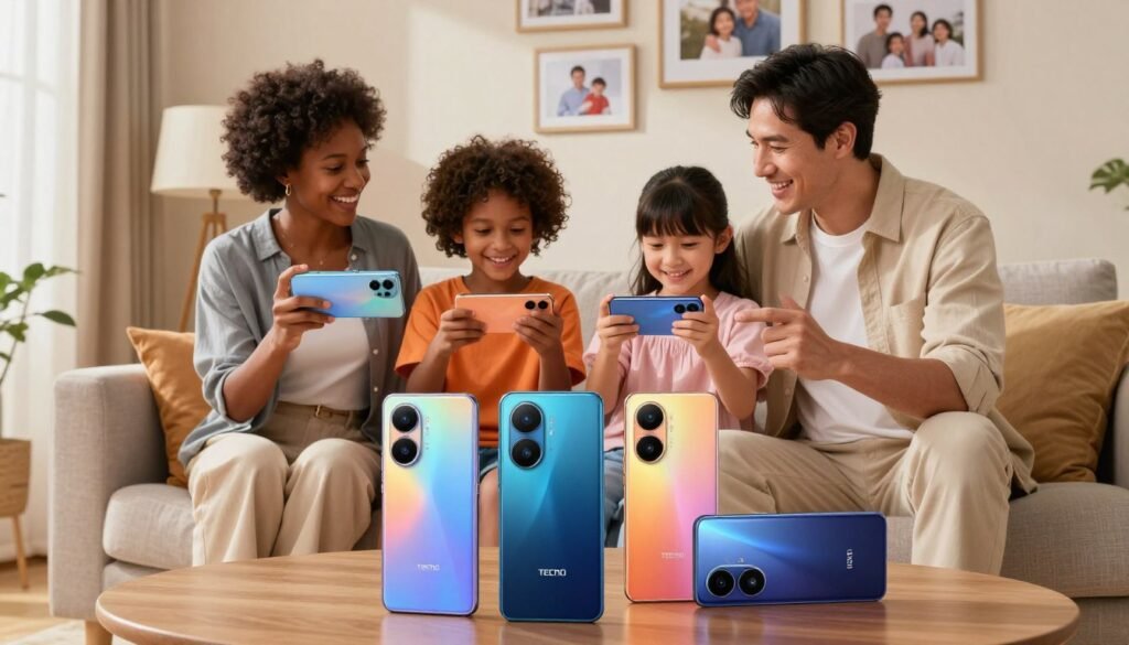A visually striking composition showcasing the TECNO Camon Series smartphones arranged harmoniously within a family setting. In the foreground, three recent models of the TECNO Camon smartphones display their sleek designs with vibrant colors, illuminated under soft, natural light to highlight their features. In the middle, a diverse family of four, dressed in smart casual outfits, happily interacts, showcasing the smartphones in their hands. A modern living room serves as the background, with a cozy ambiance, filled with warm colors and family photos on the walls, contributing to a sense of togetherness. The overall mood should be joyful and engaging, emphasizing the smartphones as essential tools for capturing family moments. The image should be balanced and inviting, with a focus on the synergy between the family and the technology.